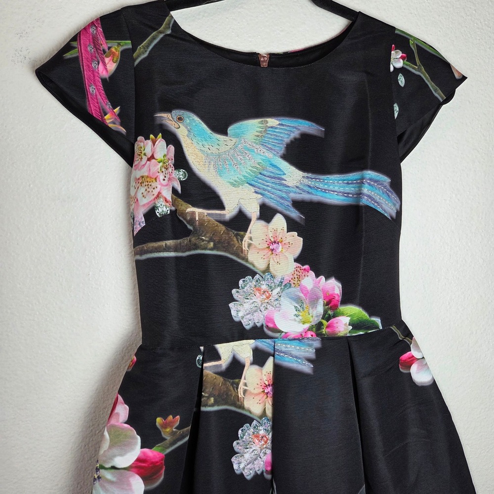 Ted Baker Fit Flare Skater Dress Cap Sleeve Floral Bird‎ Print Party - Picture 3 of 12